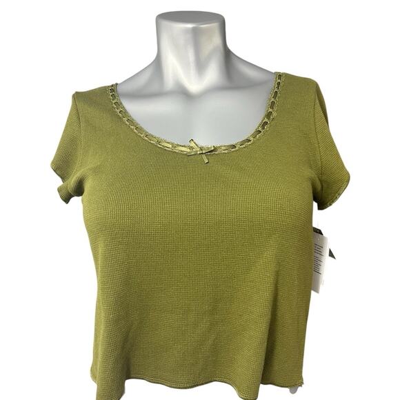 bp Tops - BP Babydoll Top Large Y2K Coquette Dark Olive Raw Hem Cropped Round Neck New